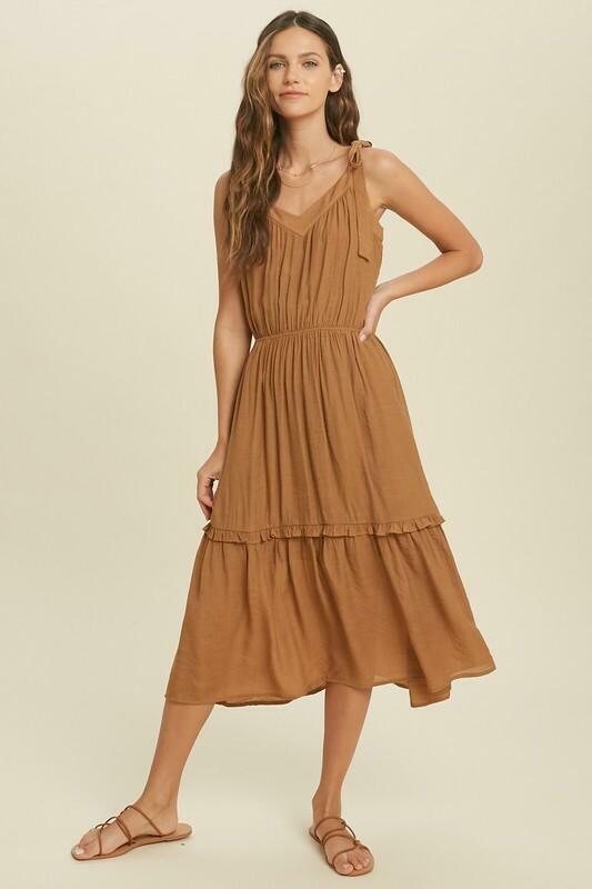 Brown Tie-Strap Midi Dress