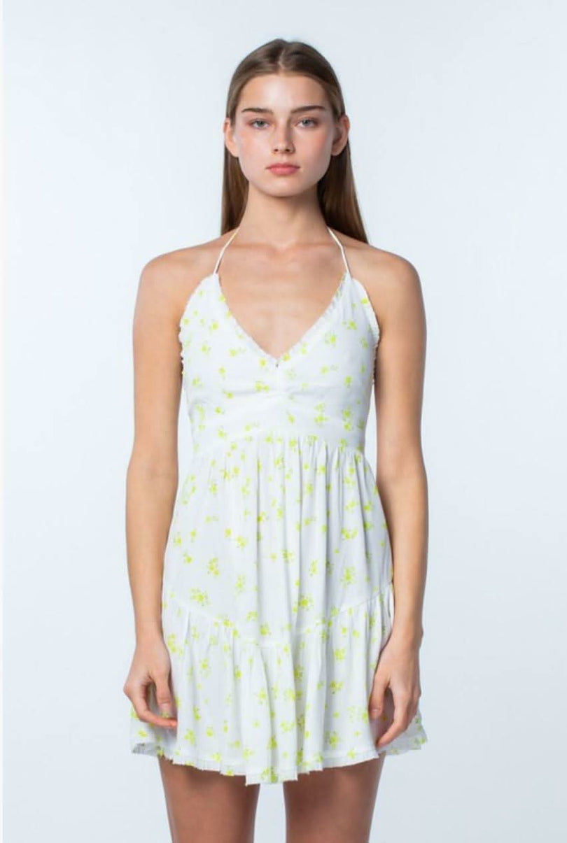 Lime and White Floral Halter babydoll mini dresses
