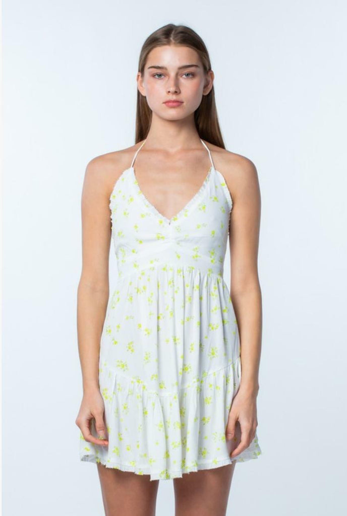 Lime and White Floral Halter Mini Dress 