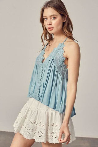Everything Sweet Foam Blue Lace Trim Tank Top -  BohoPink