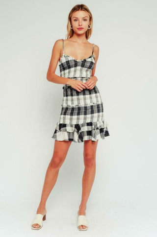 Rhea Black and Cream Plaid Print Smocked Ruffle Mini Dress full outfit
