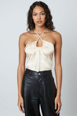 Taupe and white heart print halter crop top