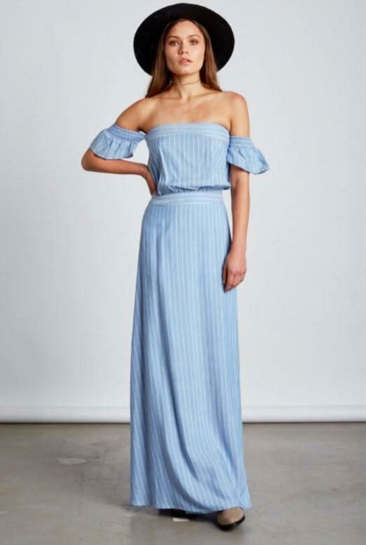 Malibu Chambray Blue Stripe Off-the-Shoulder Maxi Dress Malibu Chambray Blue Stripe Off-the-Shoulder Maxi Dress