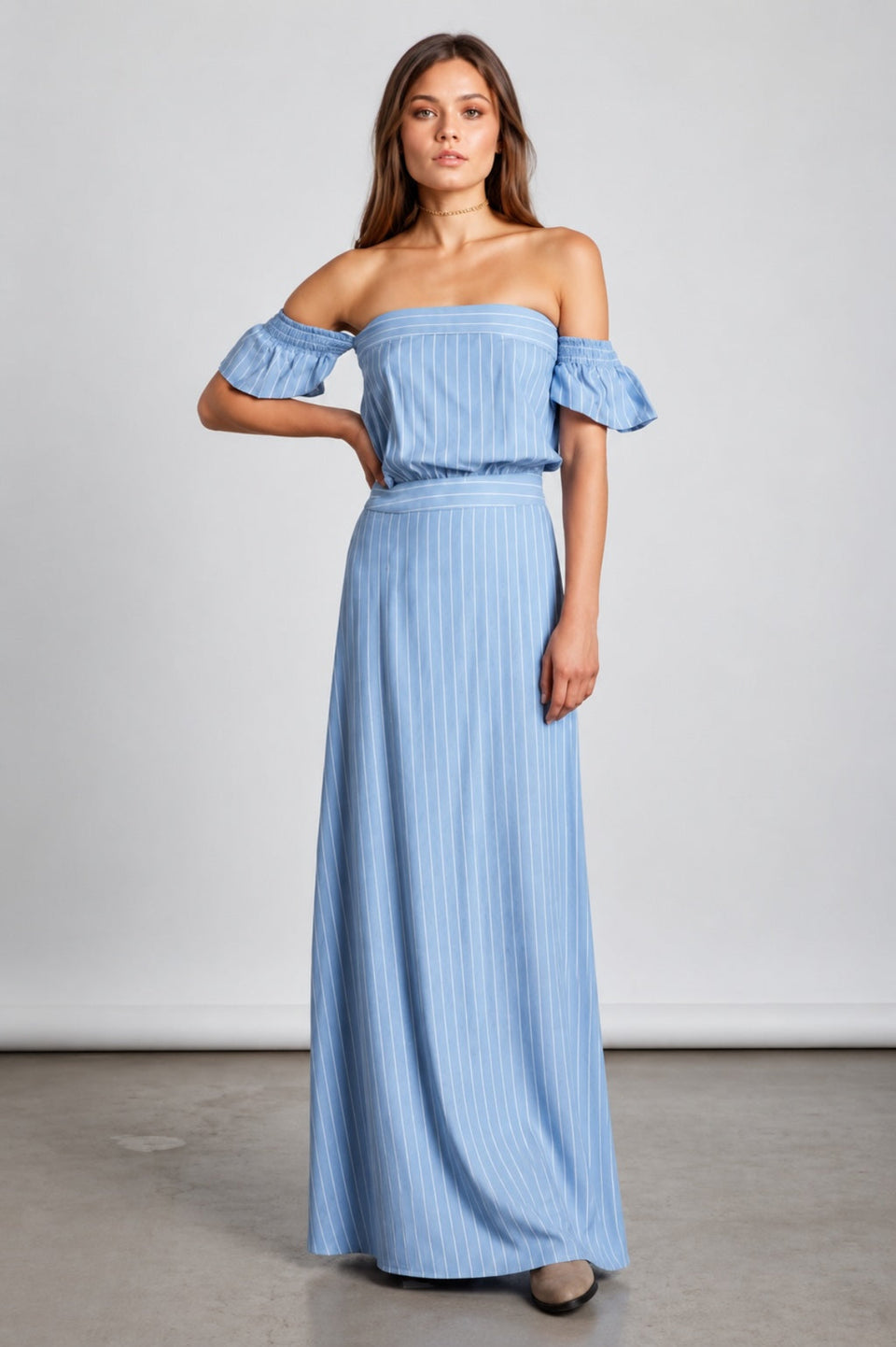 Blue & White Stripe Off-the-Shoulder Maxi Dress