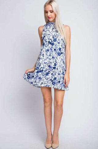 Blue and white floral mini dress front view with mock neckline