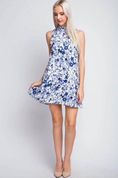 White and Blue Floral Mini Dress