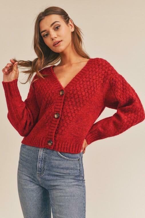 Red Chunky knit Cardigan Sweater