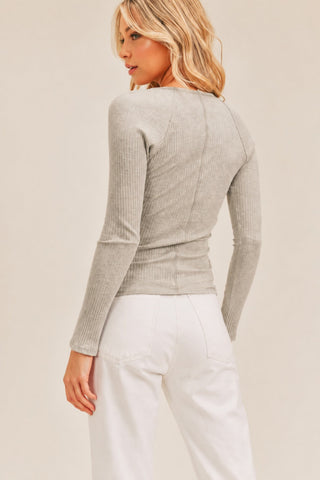Lush Missing You Heather Grey Ribbed Long Sleeve Top - Back View