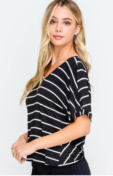 V-Neck Black and Ivory Striped Twisted Back Tee
