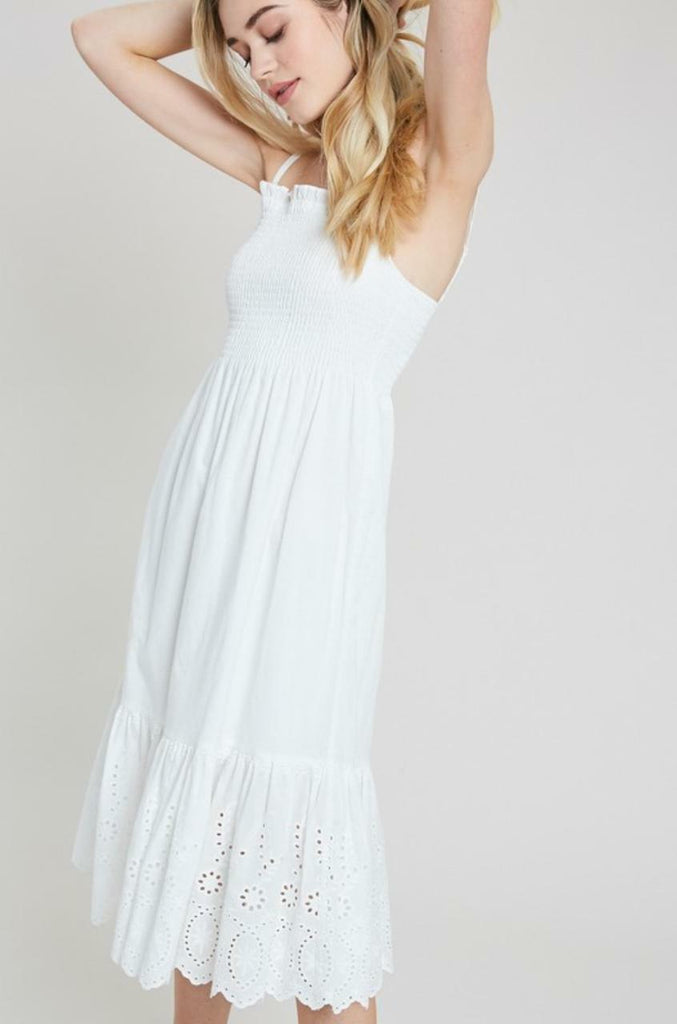 White Smocked Midi Dress