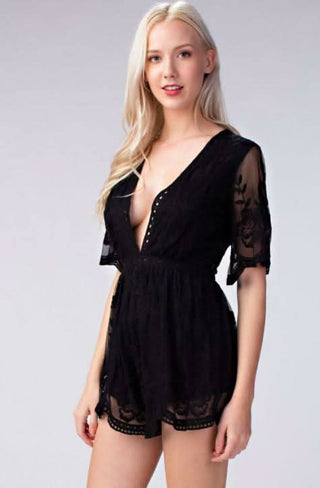 Endless Lace Black Deep V Romper with plunge neckline - Front View