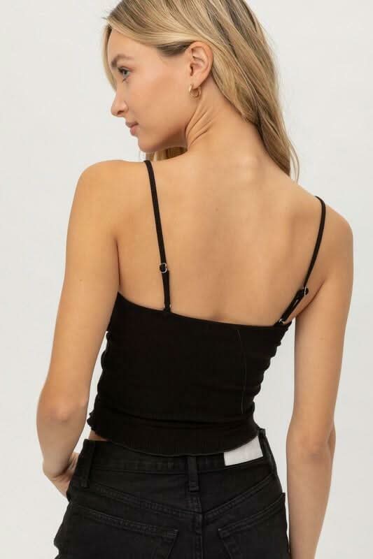 Christiana Black Drawstring Cropped Ruffle Tank Top -  BohoPink