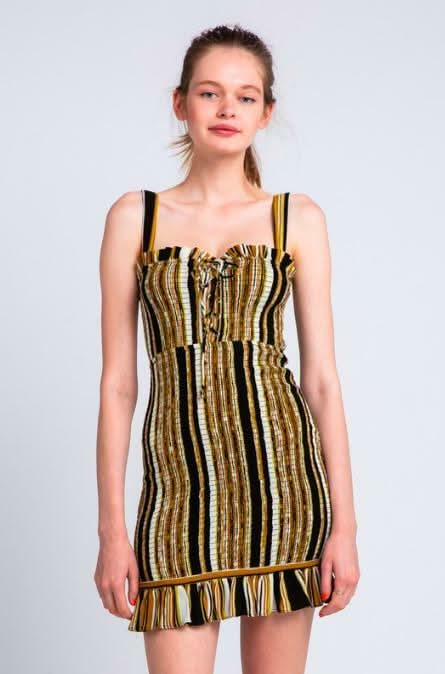 Skylar + Madison Ciao Bella Black and Gold Striped Smocked Mini Dress - S - Final Sale - Ruffled Trim - Rayon - Dry Clean Skylar + Madison Ciao Bella Black and Gold Striped Smocked Mini Dress - S - Final Sale - Ruffled Trim - Rayon - Dry Clean