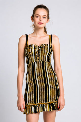 Ciao Bella Black and Gold Striped Smocked Mini Dress -  Front View