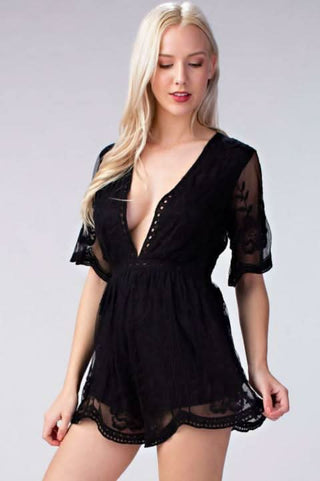 Model wearing the Endless Lace Black Deep V Romper