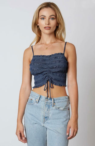 Vicky Denim Smocked Drawstring Cropped Tank Top front
