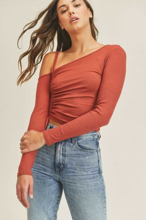 Lush Angie Mahogany One Shoulder Ruched Crop Top -  BohoPink