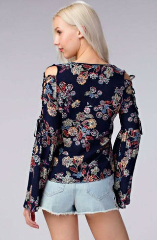 navy floral cold shoulder bell sleeve top back view