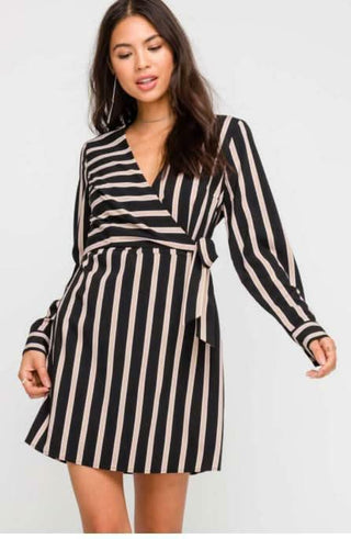 Joanna Black and Taupe Stripe Wrap Dress - Front View