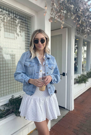 White Eyelet Mini Dress Styled with Denim Jacket - Casual Summer Outfit