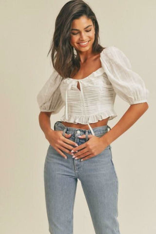 Kimberly White Square Neck Puff Sleeve Crop Top - Close-Up View
