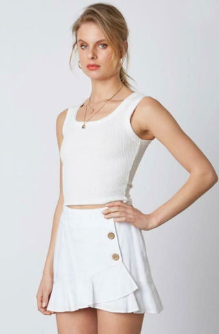 White faux wrap mini skirt with wooden buttons - side view