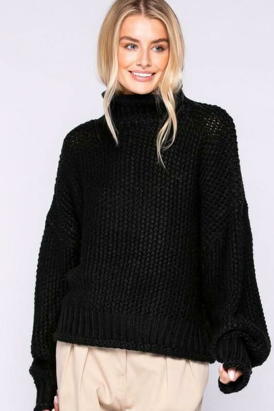 Yata Black Funnel Neck Knit Sweater - Front View