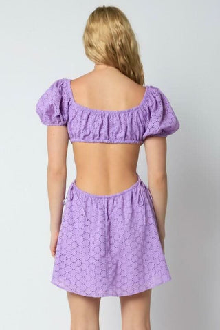 lavender eyelet puff sleeve mini dress with  cutout waist - back view