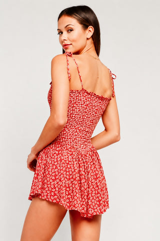 Monika Orange Leaf Print Smocked Romper - Back View