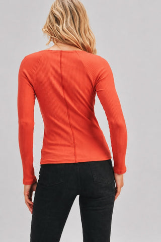 Lush Missing You Red Ribbed Long Sleeve Top - Back View 