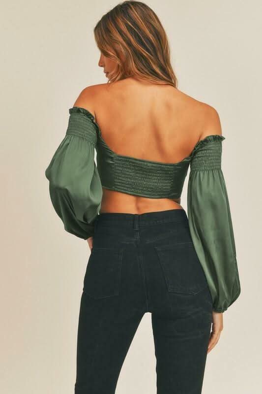 Bri Hunter Green Off-Shoulder Satin Lace-Up Crop Top -  BohoPink