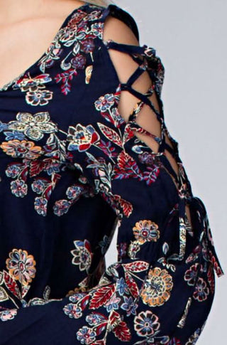 navy floral lace up cold shoulder bell sleeve detail