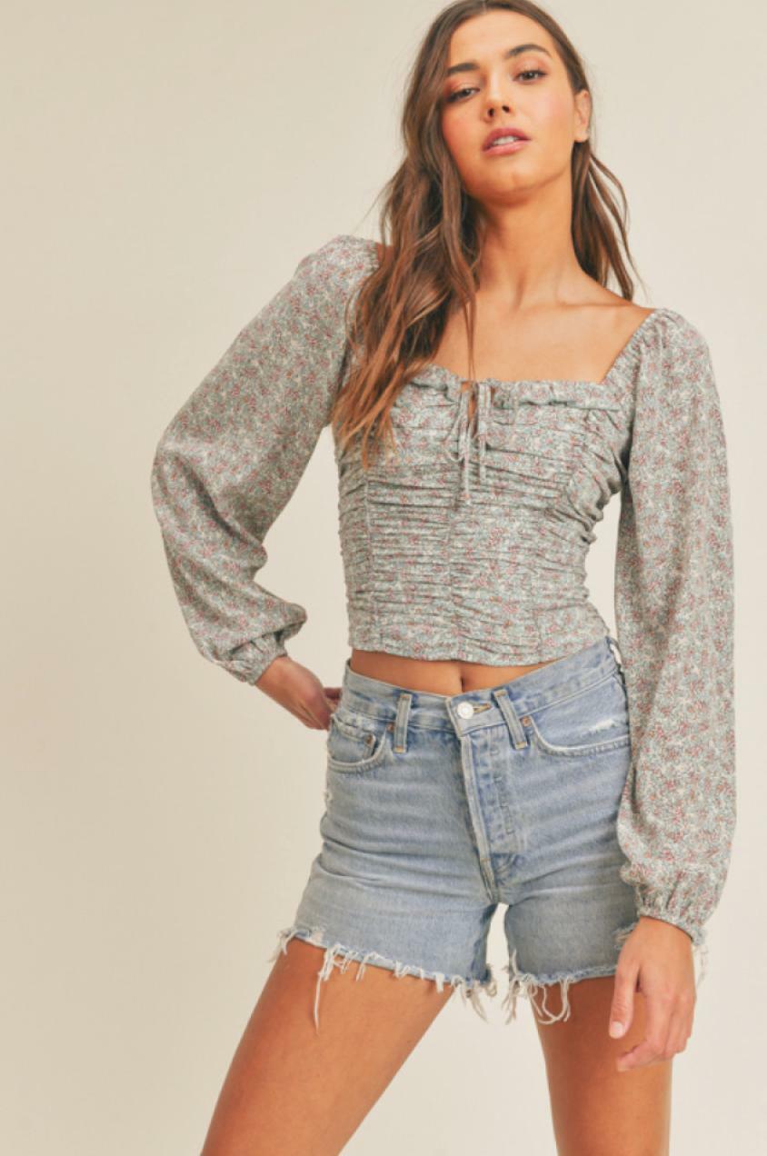 Dusty Blue Floral Print - Ruched Long Sleeve Crop Top |