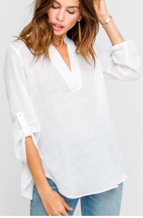 Just In Time White Roll Tab Sleeve Top -  BohoPink