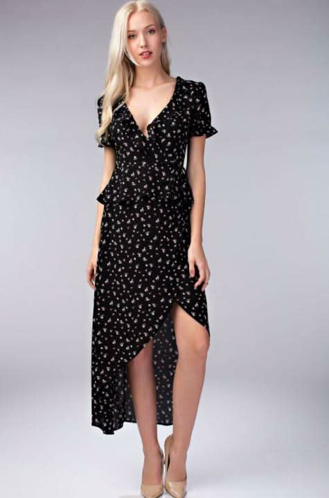 Black Floral Two-Piece Midi Dress