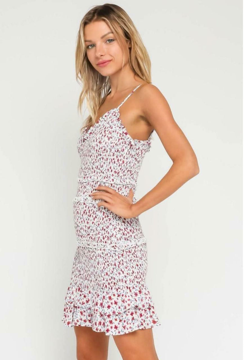 White Floral Smocked Mini Dress