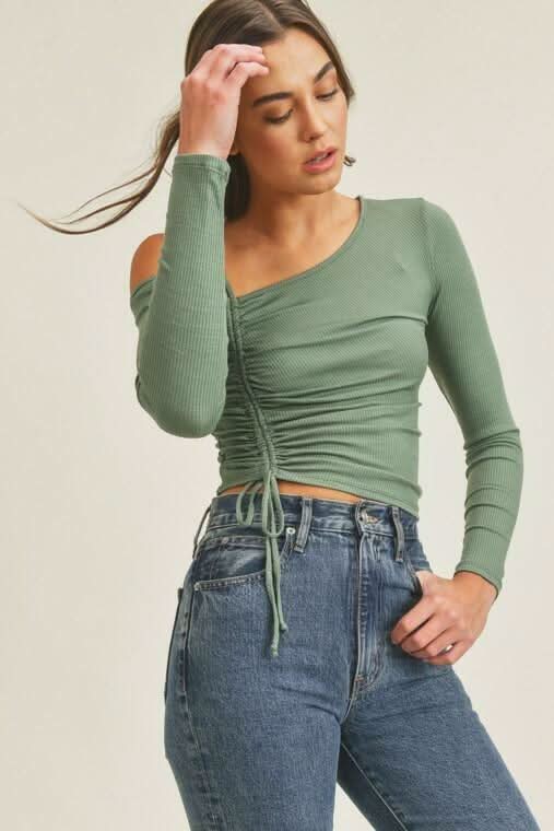 Lush Angie Olive One Shoulder Ruched Crop Top -  BohoPink
