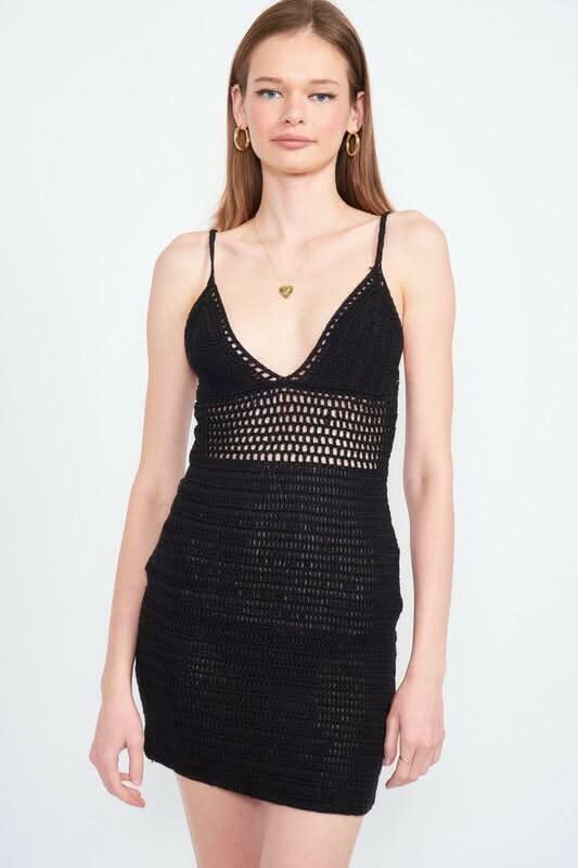 Emory Park Astrid Black Crochet Swim Cover-Up Dress - Size M - V-Neck Sleeveless Bodycon Mini Skirt Emory Park Astrid Black Crochet Swim Cover-Up Dress - Size M - V-Neck Sleeveless Bodycon Mini Skirt