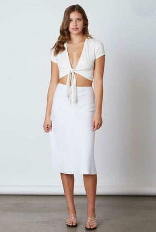 White bias cut midi skirt front view