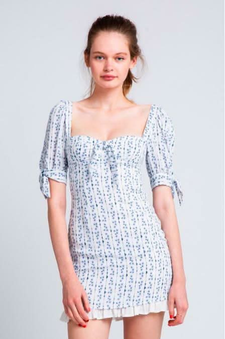 Skylar + Madison Tory White Blue Floral Puff Sleeve Mini Dress - Size S - Final Sale - Striped Floral Print - Bustier Bodice - Ruffle Hem Skylar + Madison Tory White Blue Floral Puff Sleeve Mini Dress - Size S - Final Sale - Striped Floral Print - Bustier Bodice - Ruffle Hem