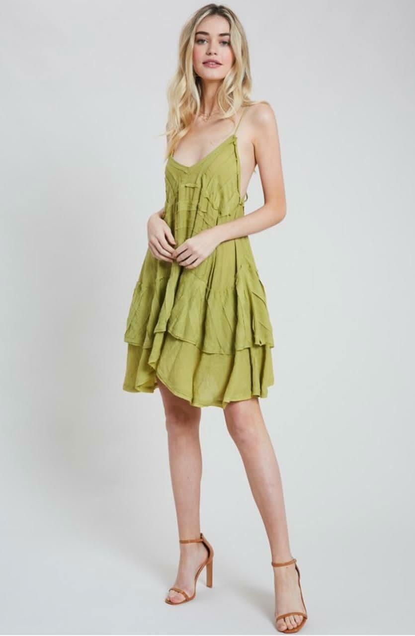 Wishlist Cara Lime Swing Dress - Size L - Boho Raw Trimmed Fabric - V-Neckline - Spaghetti Straps - Ruffle Angled Hem Wishlist Cara Lime Swing Dress - Size L - Boho Raw Trimmed Fabric - V-Neckline - Spaghetti Straps - Ruffle Angled Hem