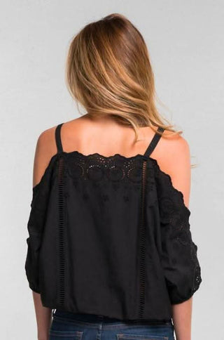 Black boho eyelet top - casual bohemian cold shoulder shirt for women
