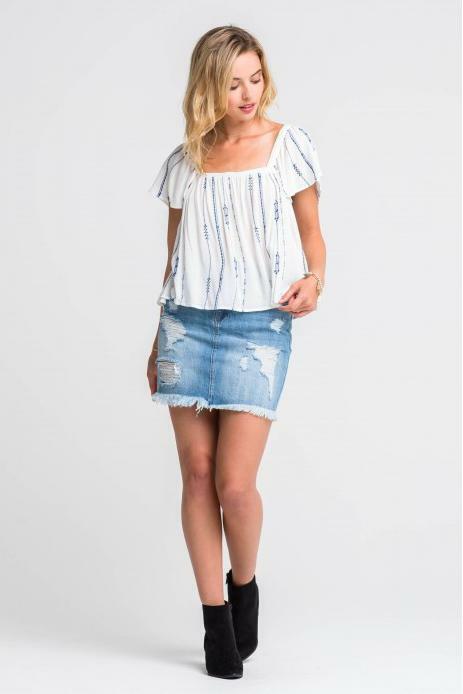 White and Blue Short Sleeve Flowy Top