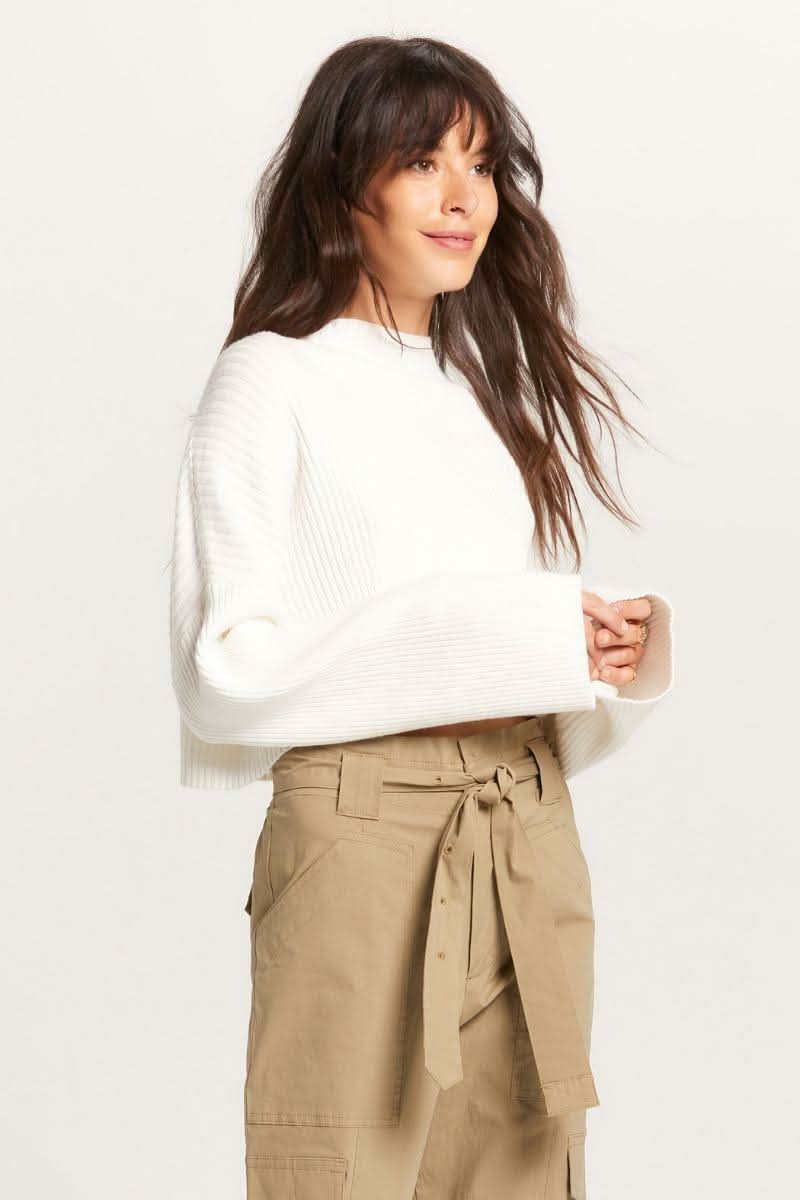 Ivory Ribbed Knit Mock Neck Sweater 