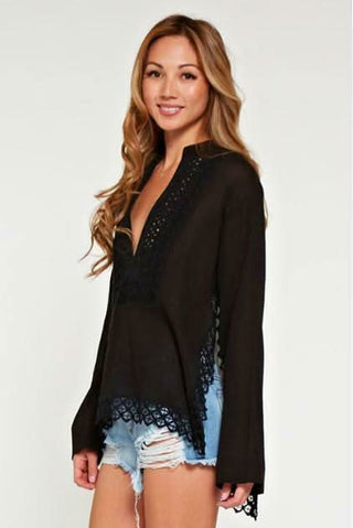 Black lace trim bell sleeve top with mandarin collar - bohemian top