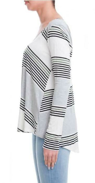 Side view of Aubrey Olive Striped Long Sleeve Top