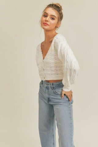 Lush White Pointelle Knit Cropped Cardigan Sweater styled with jeans