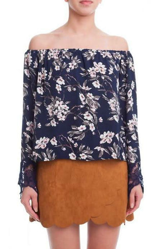 Navy Floral Off-the-Shoulder Long Sleeve Top - Front View