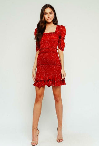 Naomi Red Dot Smocked Puff Sleeve Mini Dress outfit