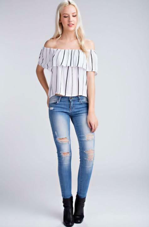 Fira Off-the-Shoulder Striped White Top -  BohoPink